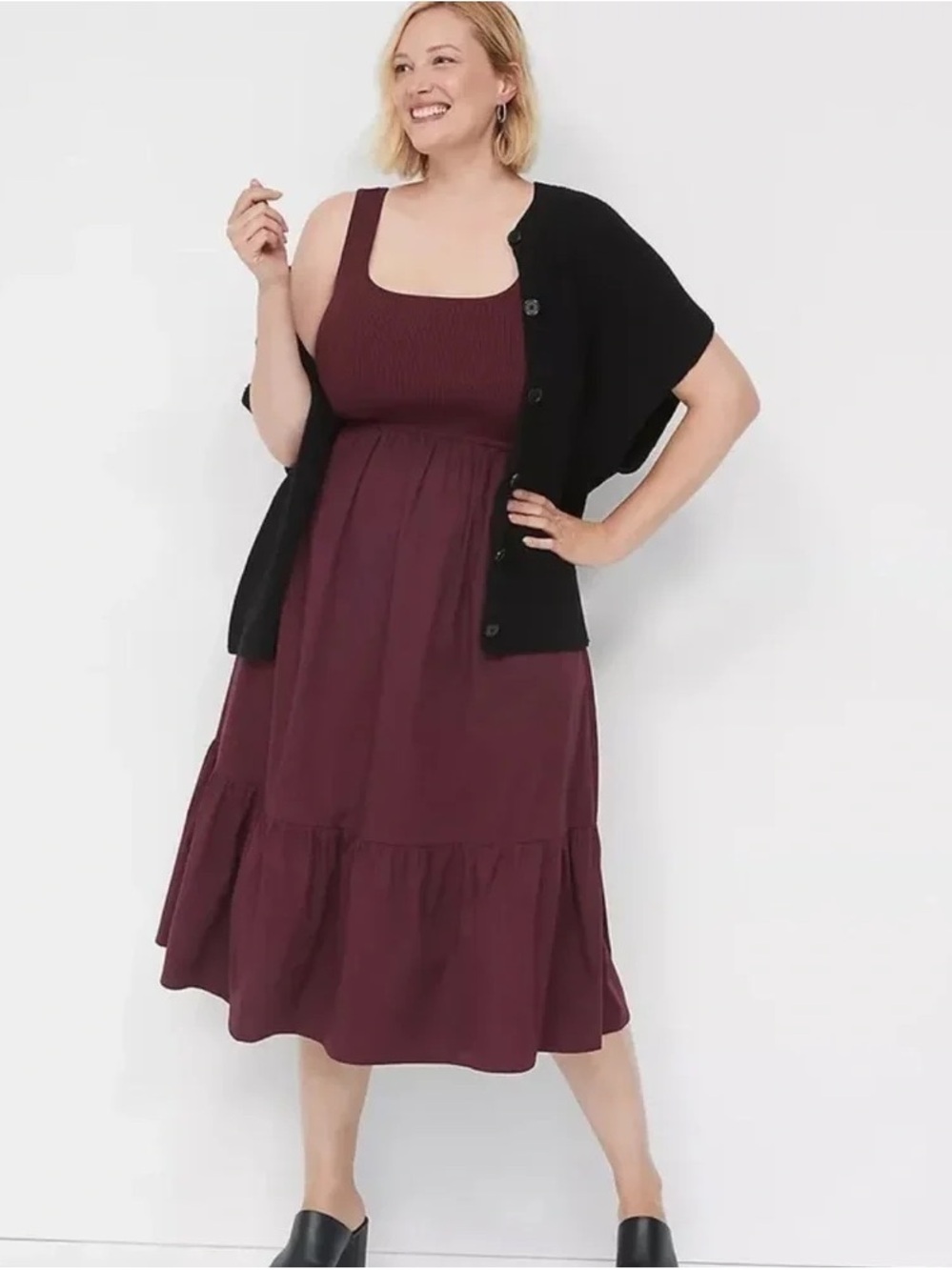 Lane Bryant Sleeveless Wine Tiered Midi Dress